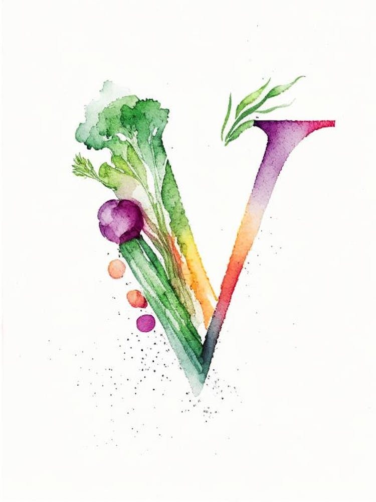 V  Vegetable Soup, Letter, Alphabet Minimalist Watercolour 1