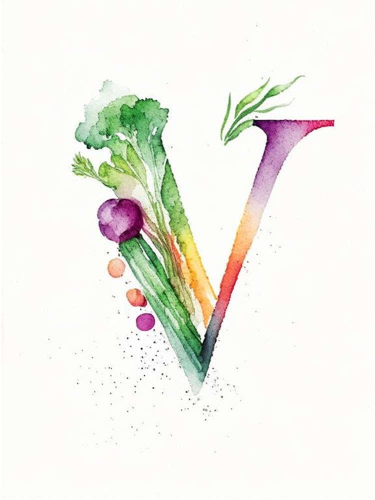V  Vegetable Soup, Letter, Alphabet Minimalist Watercolour 1