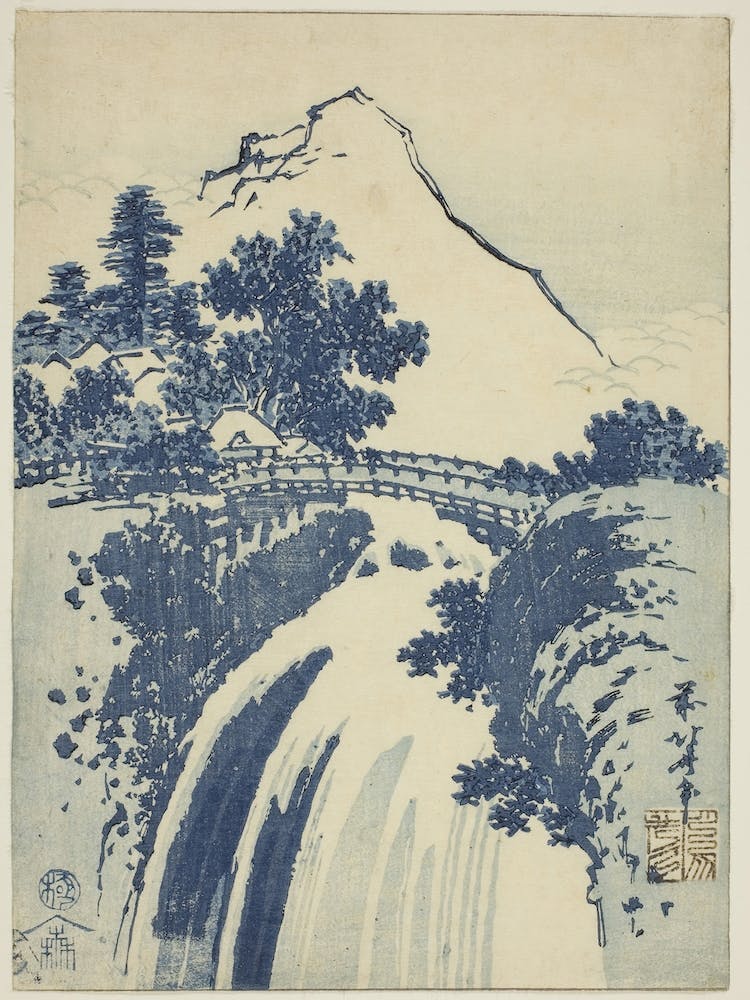 Landschaft mit Wasserfall, Katsushika Hokusai
