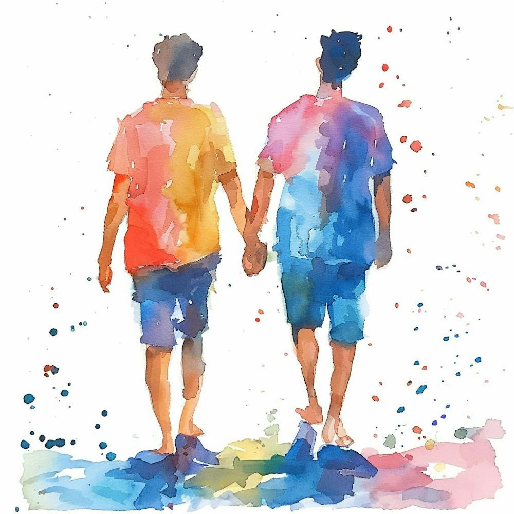 Two Men Holding Hands - Gay Love Rainbow Watercolor