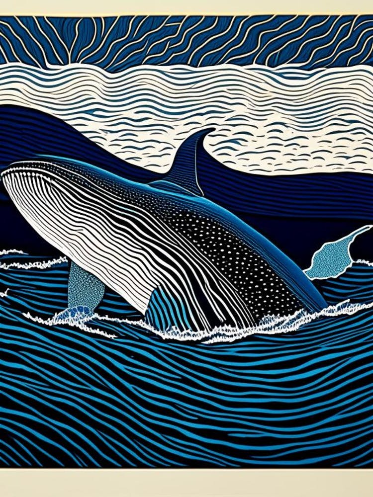 Whale And Waves Linocut