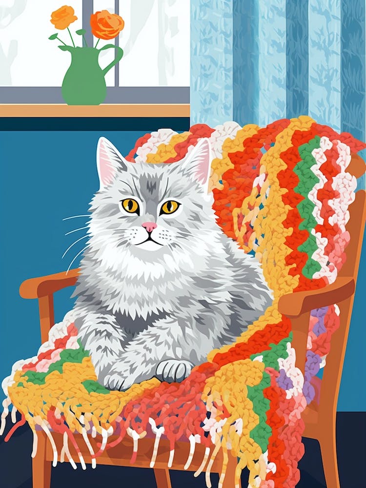 Cat On Crochet Vintage Chair Illustration 1