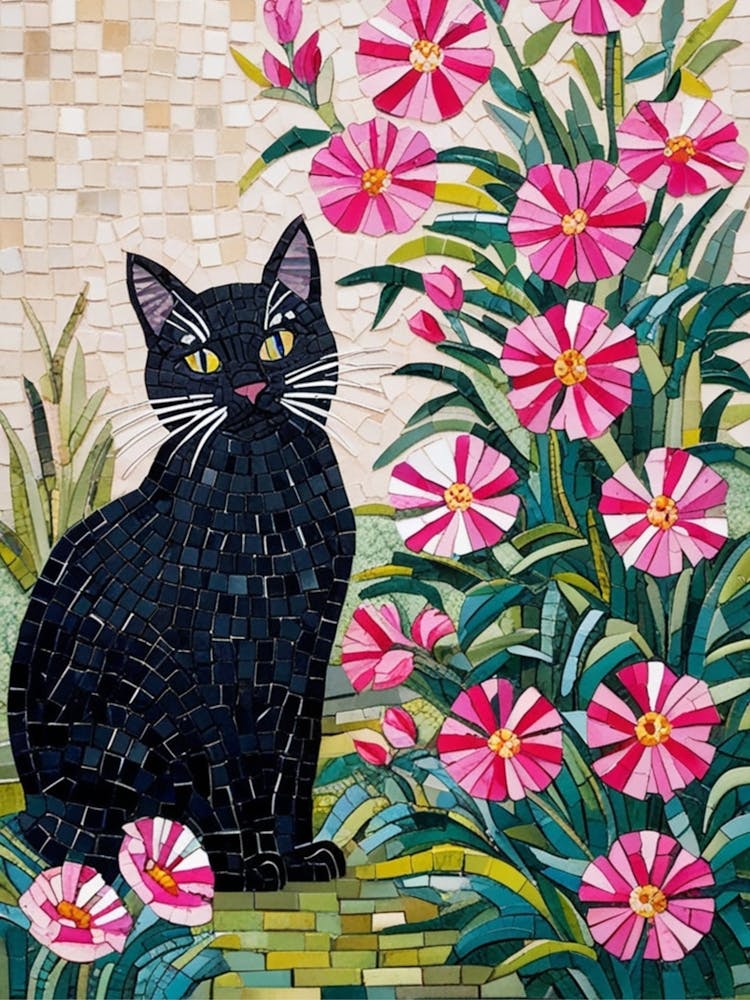 Black Cat With Pink Flowers 4