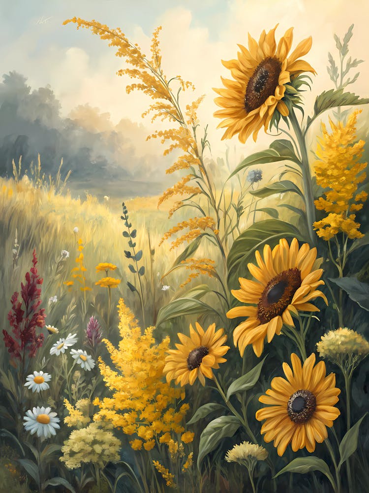 Oil Painting Style Sunny Wildflower Meadow Vibrant Summer Landscape with Sunflowers
