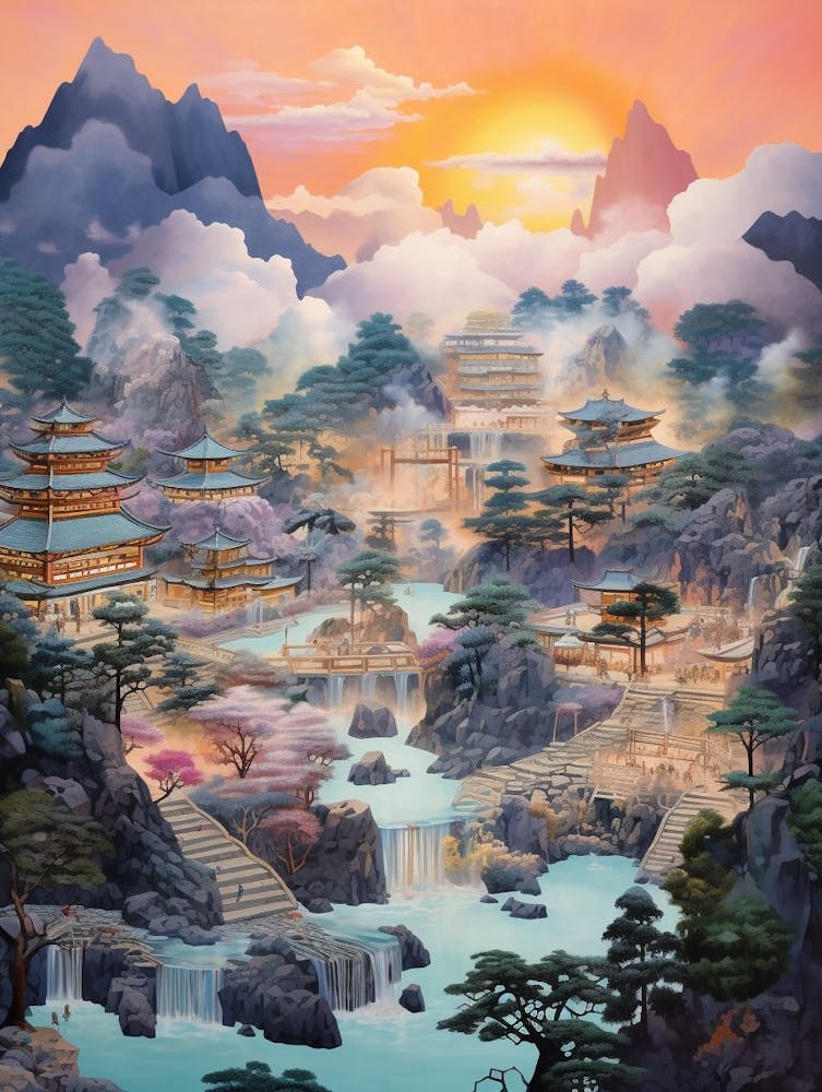Berge und heiße Quellen Illustration im japanischen Stil 15