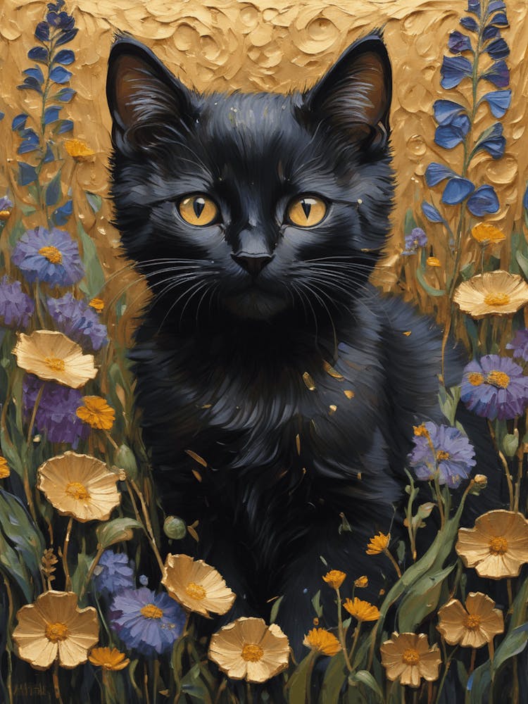 Klimt Style Black Kitten Cat in English Garden Wild Flowers Gold Leaf Painting - Gustav Klimt Monet Waterlillies HD High Resolution Poppies 2