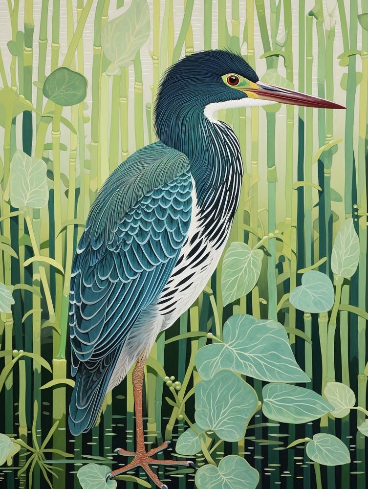 Ohara Koson Inspired Bird Painting Green Heron 1