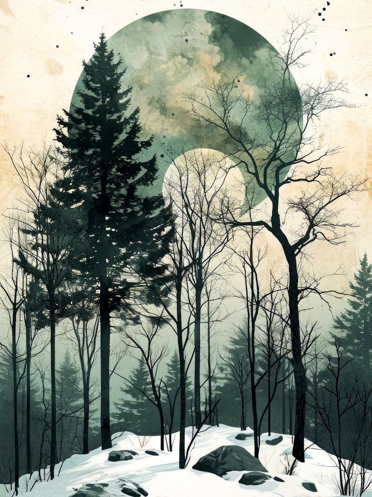 Clair de Lune Dans Les Bois Paysage Aquarelle