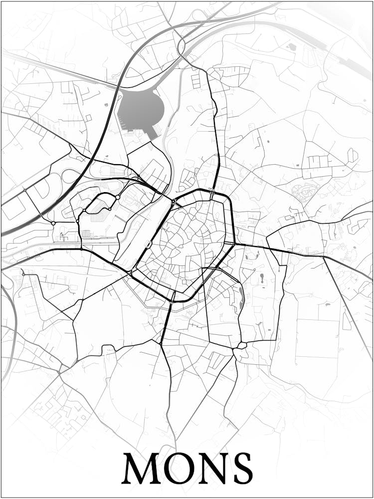 Mons, Hainaut, Belgium, City Map, Black And White Fade Design