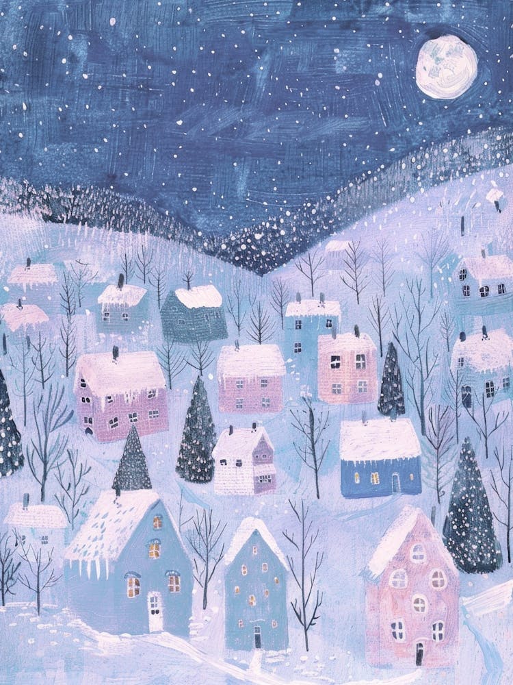 Night Winter Village. Pastel Gouache Christmas. Nursery