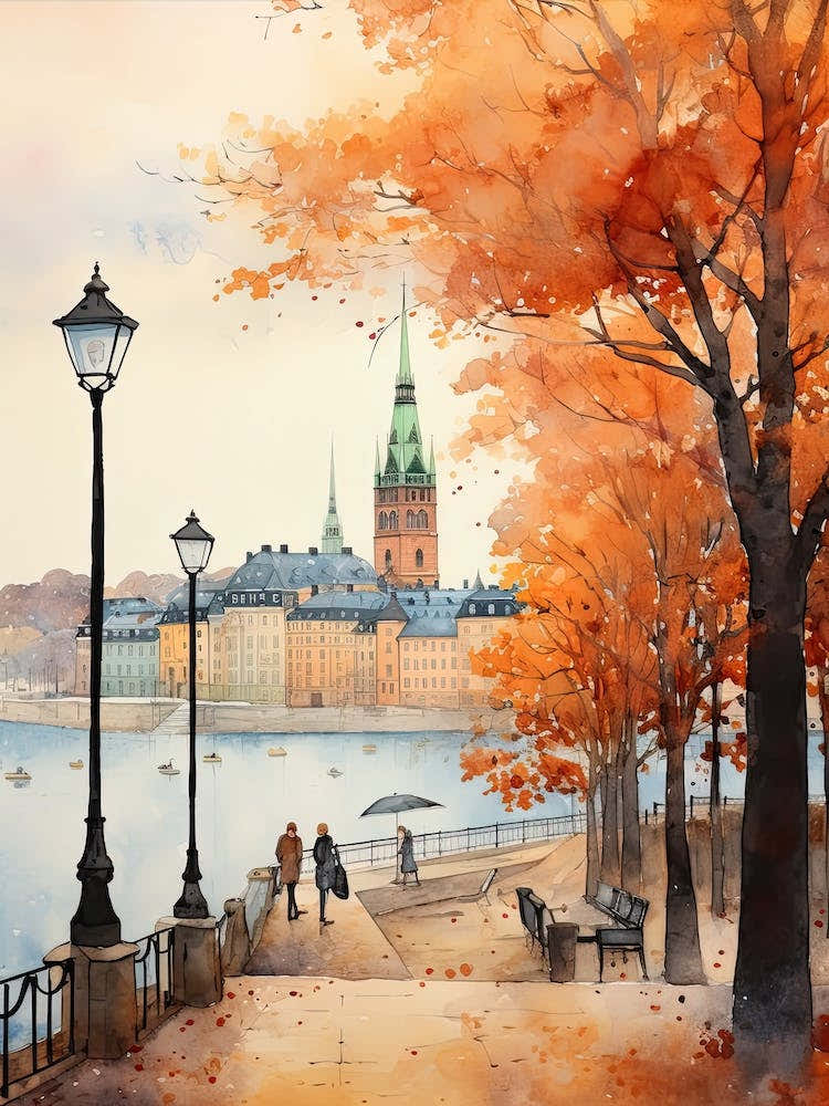Stockholm Sweden In Autumn Fall, Watercolour 2