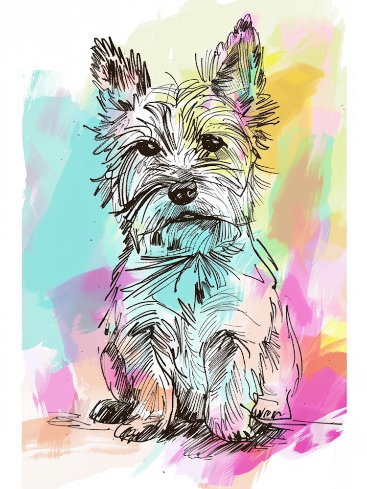 Terrier Illustration au Trait Pastel et Aquarelle 1