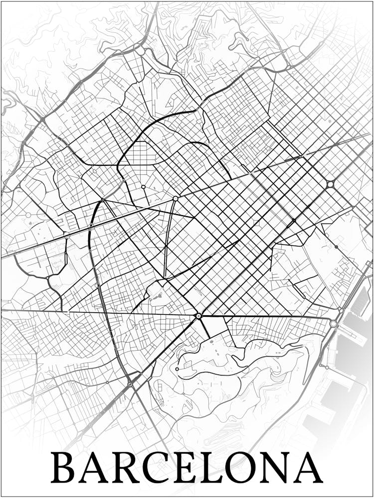 Barcelona, Catalonia, Spain, City Map, Black And White Fade Design