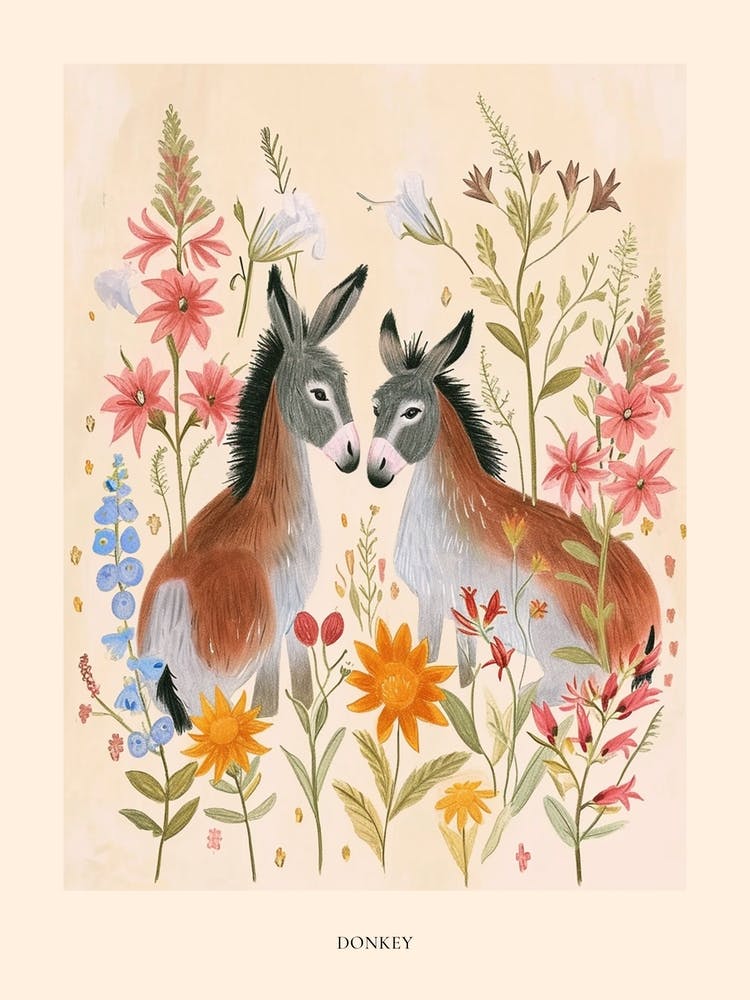 Folksy Floral Animal Drawing Donkey Poster