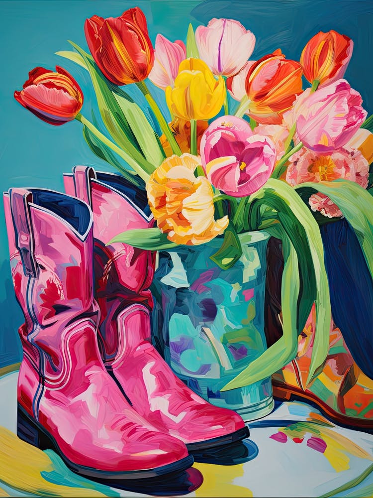 Oil Painting Of Tulips Flowers And Cowboy Boots, Oil Style 1