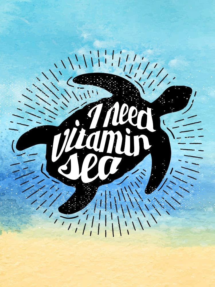 Need Vitamin Sea, turtle - travel poster, vector art, positive tropical motivation