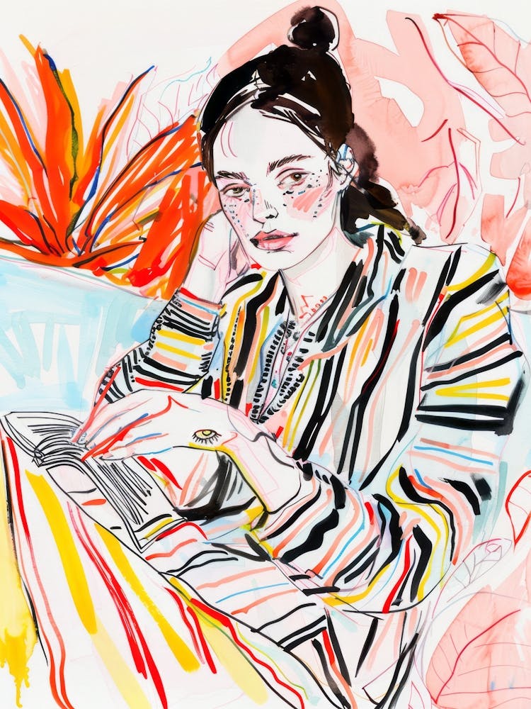 Woman Reading A Book. Watercolor Sketch Portrait