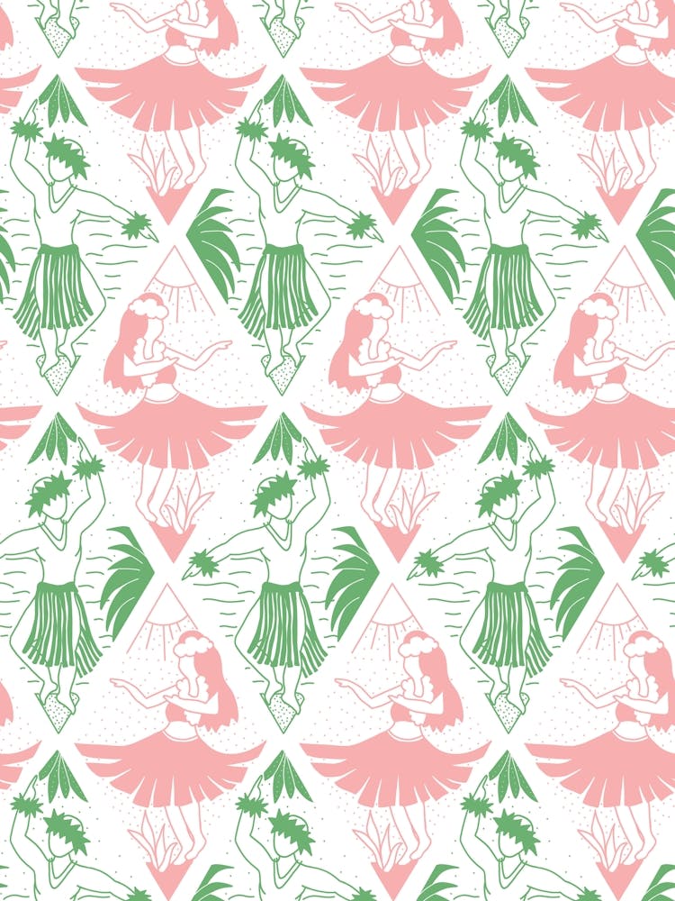 Hawaiian Hula Polynesian Dancer Rhombus Damask Pink Green White