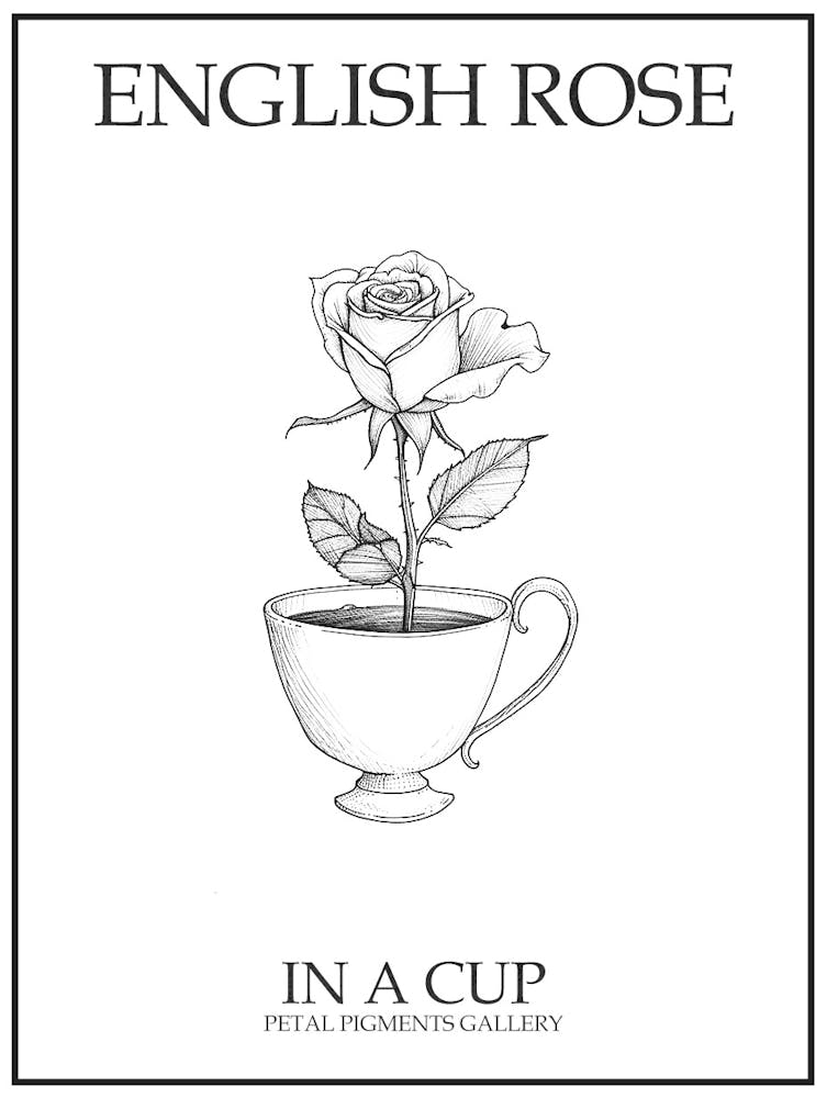 English Rose In A Cup Line Drawing 3 Poster