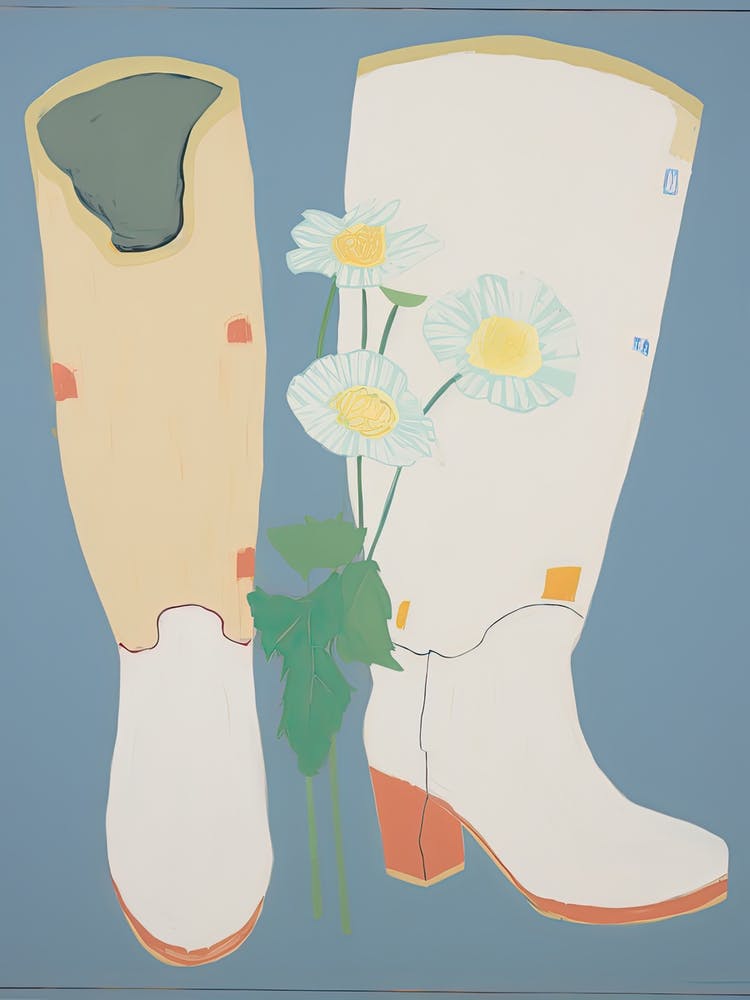 A Painting Of Cowboy Boots With White Flowers, Pop Art Style 2