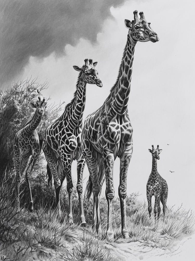 Girafe Descendant le Chemin Dessin au Crayon 2