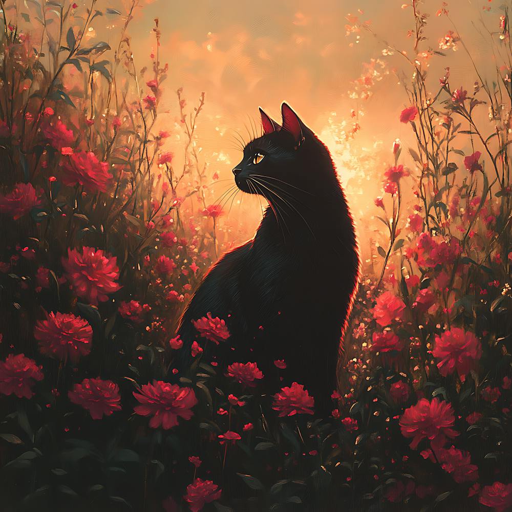 Black Cat in a Floral Sunset Garden 8