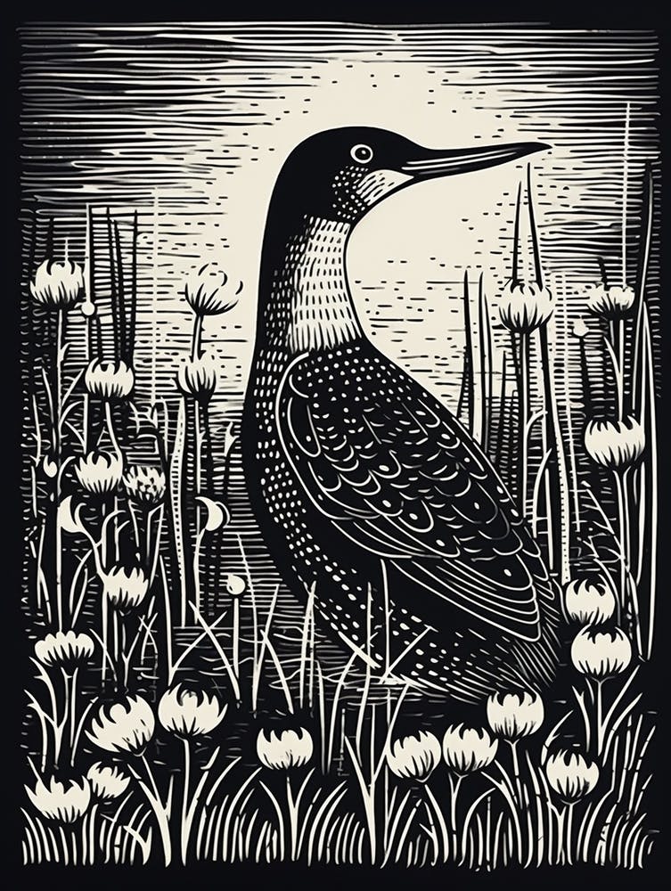 B&W Bird Linocut Loon 3
