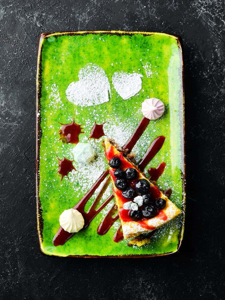 Cheesecake, blueberry berries and jam — Food kitchen poster/blackboard, photo art