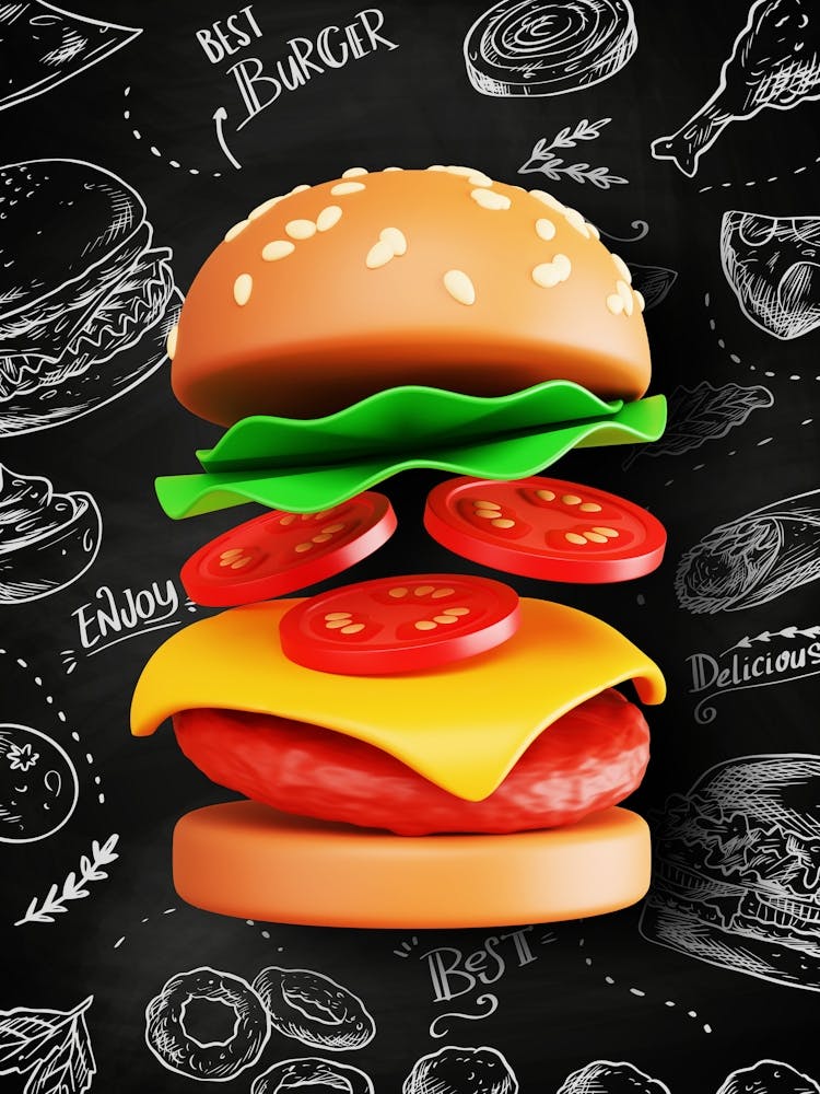 Burger, plastic 3D — Food kitchen poster/blackboard, photo art