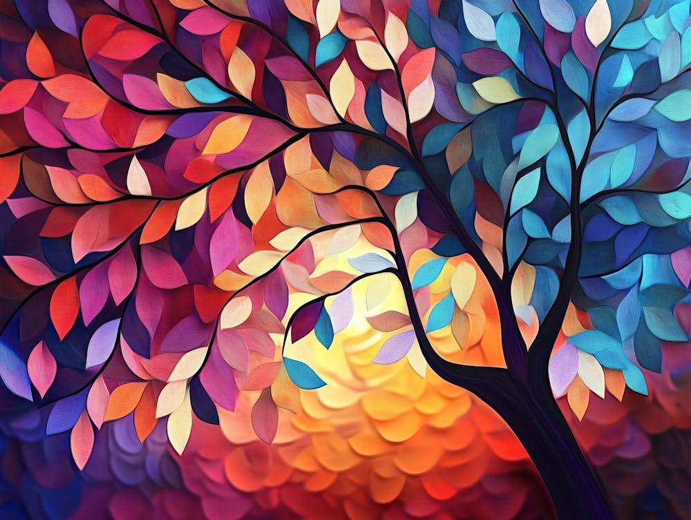 Colorful Tree with Vibrant Leaves Hanging Branches