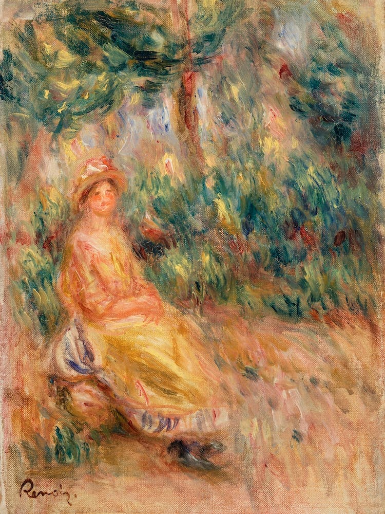 Woman In Pink And Yellow In A Landscape, Pierre Auguste Renoir