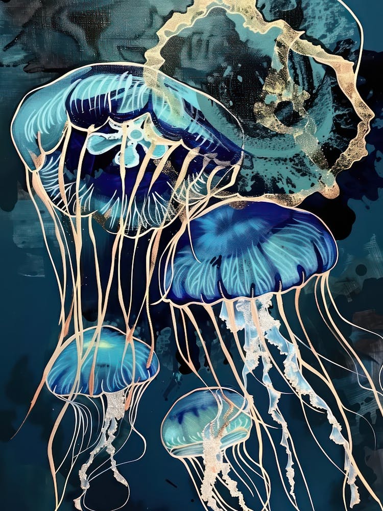 Jellyfish Painting Gold Blue Effect Collage 2