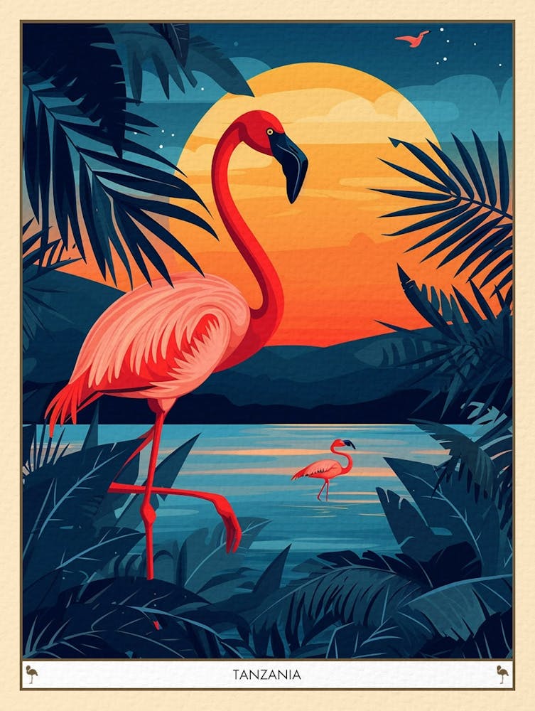Grand Flamant Rose Tanzanie Illustration Tropicale 4 Affiche