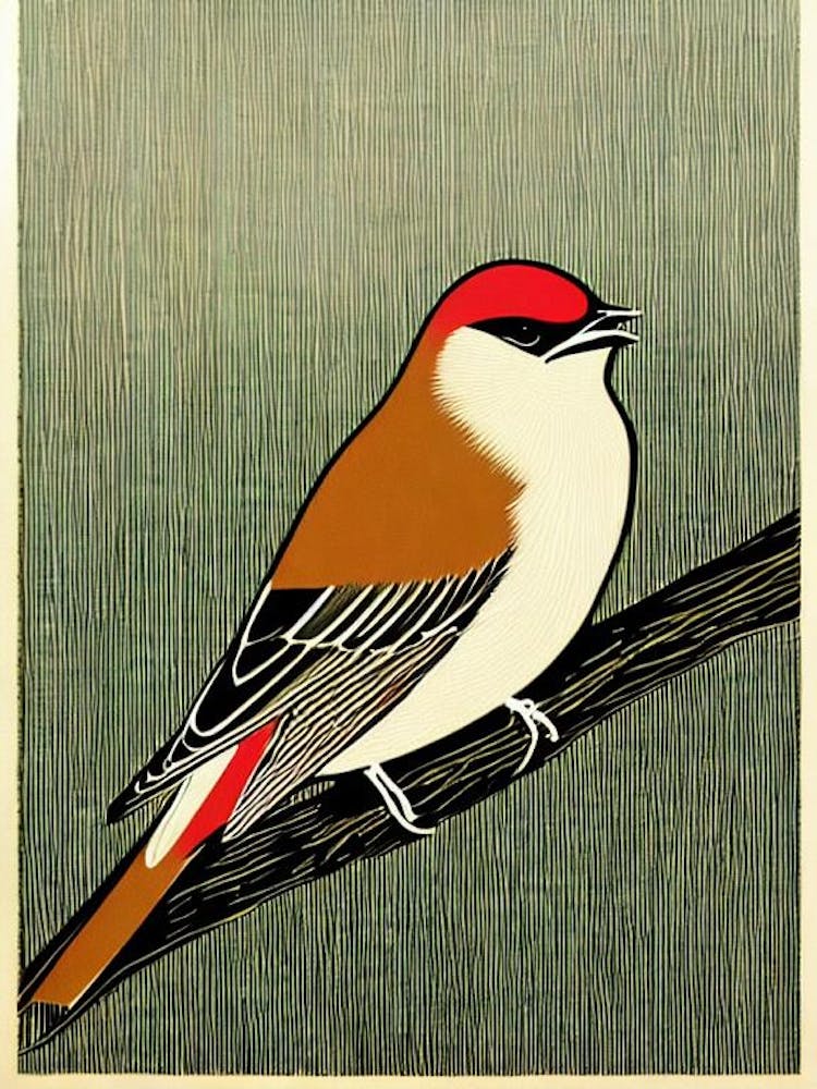 Cedar Waxwing Linocut Bird