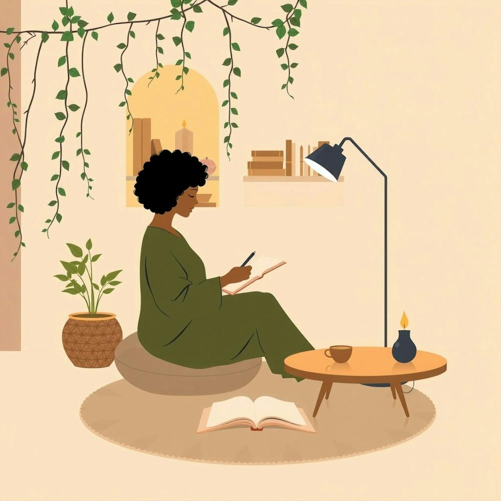 Cozy place-Woman Reading In The Living Room-journaling in a notebook-journaling the life-Happy Home-Woman Reading A Book