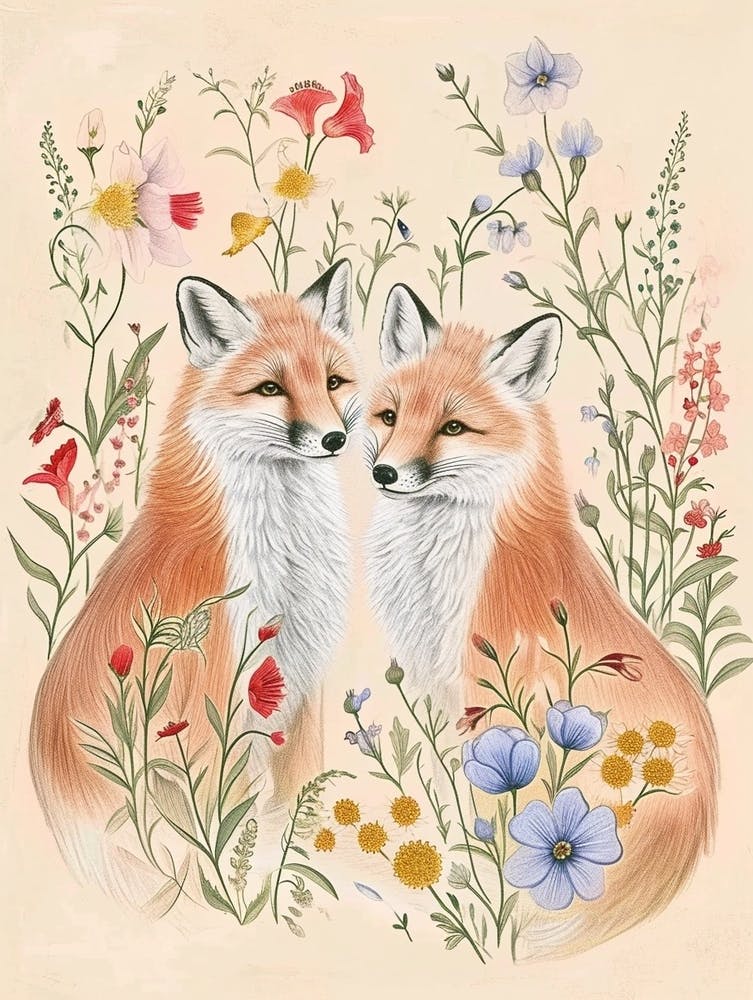 Folksy Floral Animal Drawing Fox 8