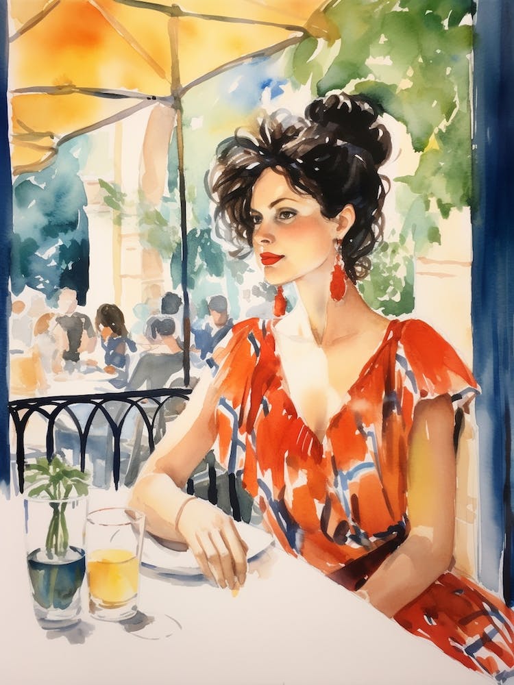 At A Cafe In Girona Spain Watercolour