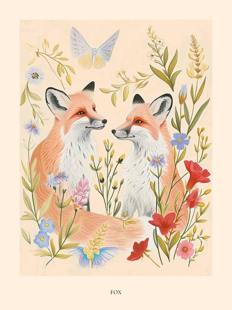 Folksy Floral Animal Drawing Fox 9 Poster