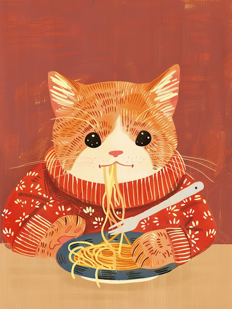 Cute Brown White Cat Eating Pasta Folk Illustration 1