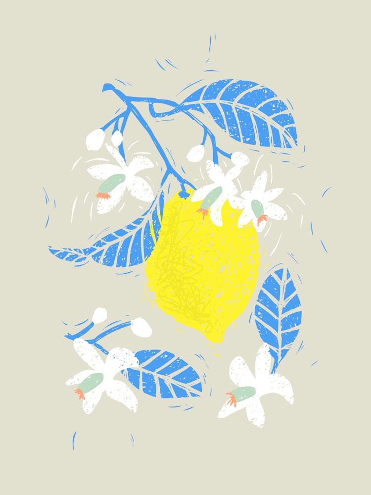 Lemon fruit with blue leaves linocut