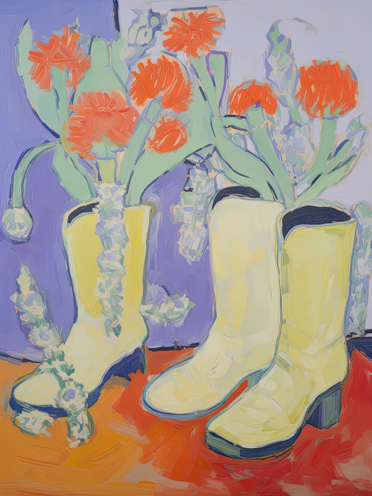 Painting Of Orange Flowers And Cowboy Boots, Oil Style 3