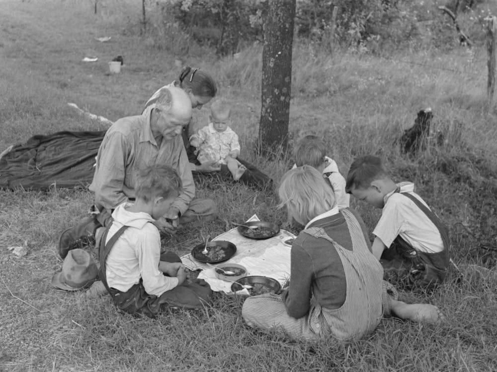 White Migrant Family Saying Grace Before Noonday Meal By The Side Of The Road East Of Fort Gibson, Muskogee Count