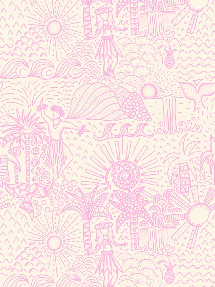 Hawaiian Toile Polynesian Hula Dance Tropical Landscape Pastel Pink Cream White