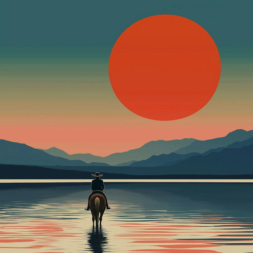 A Vector Image Of A Rider On A Horse Riding In The Sunset With Minimal Colors, Perspective From Behind, Center Focus
