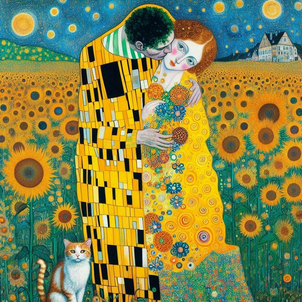 gustav klimt the kiss with sunflowers in the meadow art