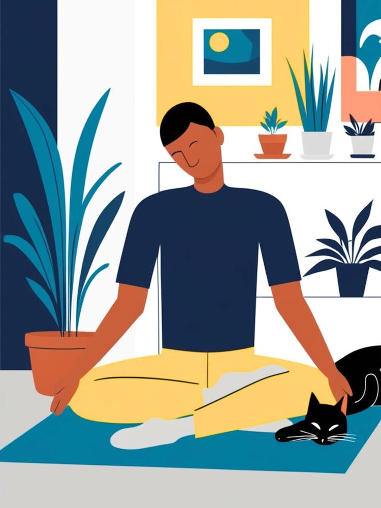 Meditating Man With Cat 1
