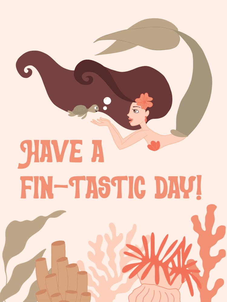 Playful swimming mermaid with turtle and funny quote in coral reef