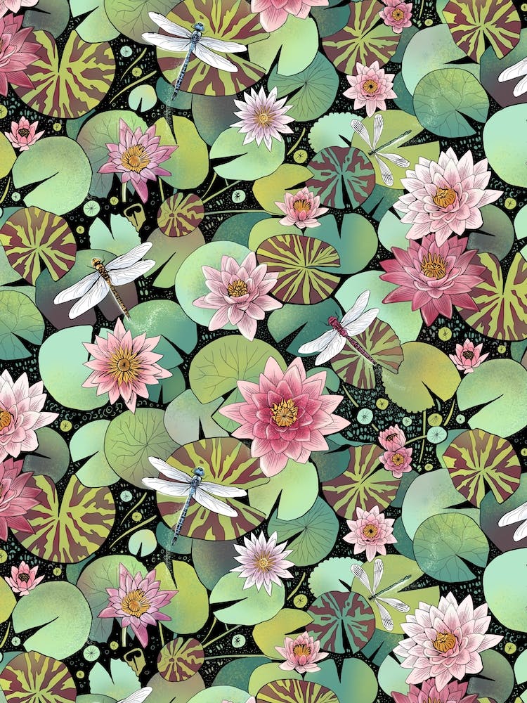 Waterlily Pond And Dragonflies