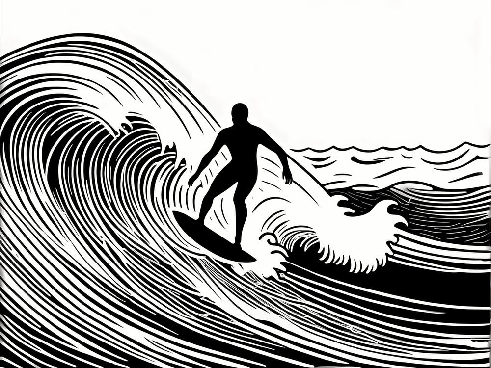 Linocut Black And White Surfer On A Wave art, surfing art, 270