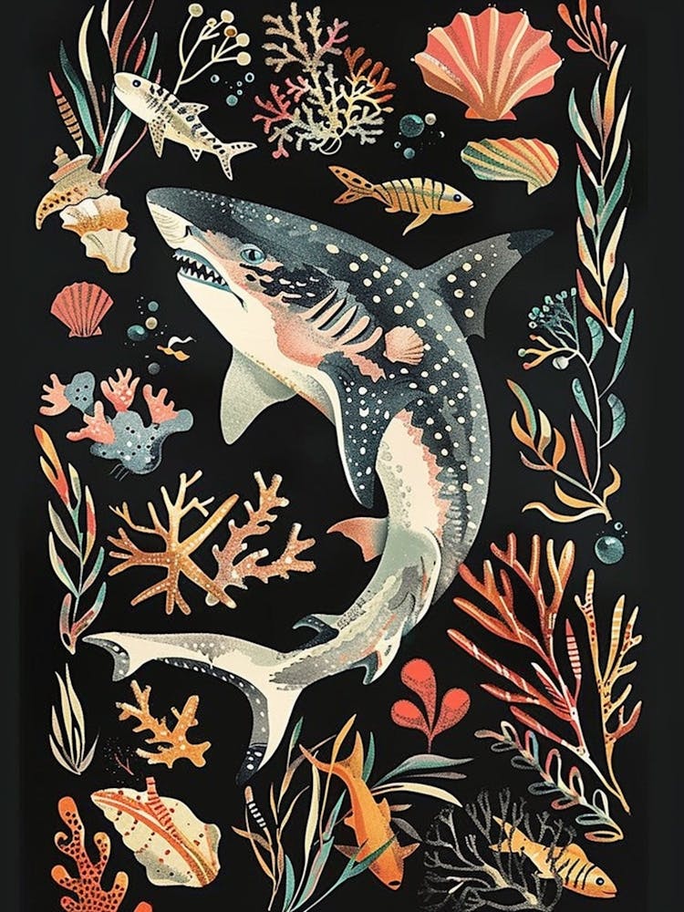 Blacktip Reef Shark Seascape Black Background Illustration 4